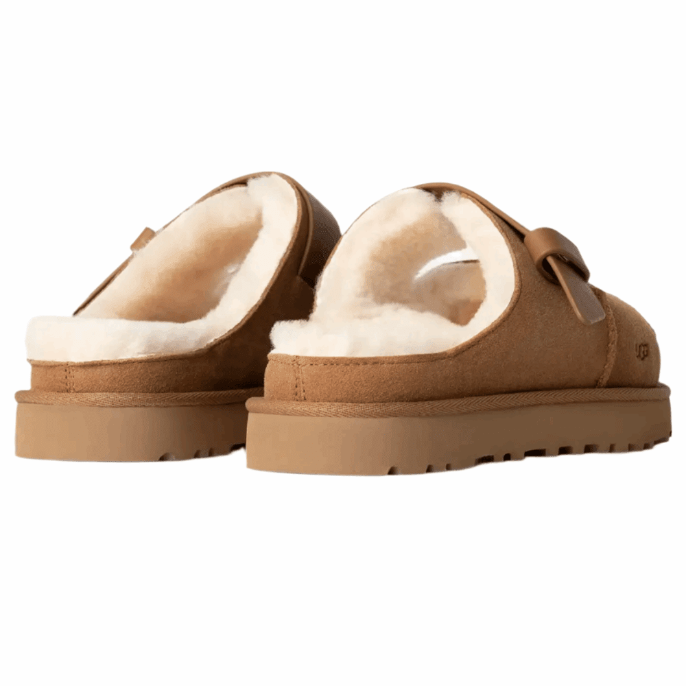 UGG Women's Greenport Strap Slide in chestnut suede with plush shearling lining