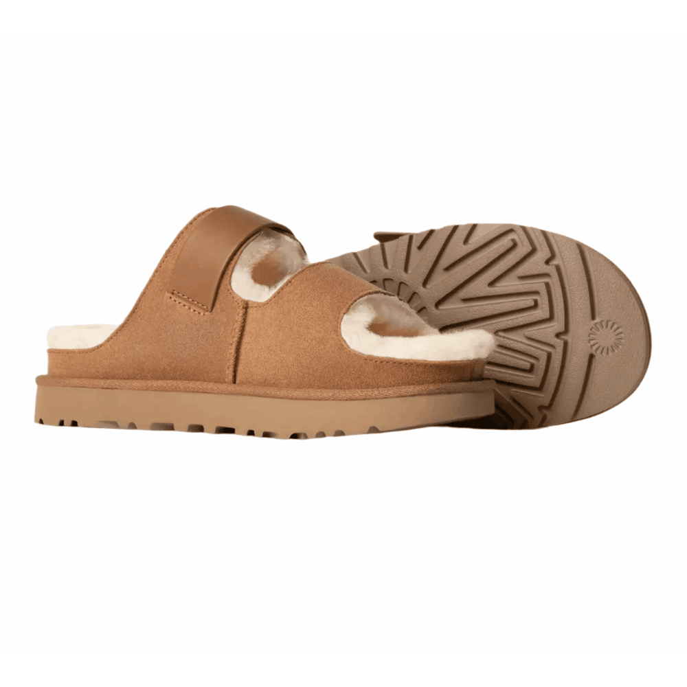UGG Women's Greenport Strap Slide in chestnut suede with shearling lining