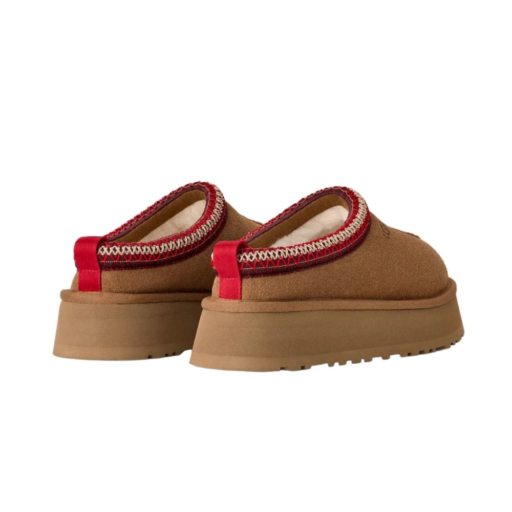 UGG Women's Tazz II Chestnut suede clogs with red trim and chunky tan platform sole.