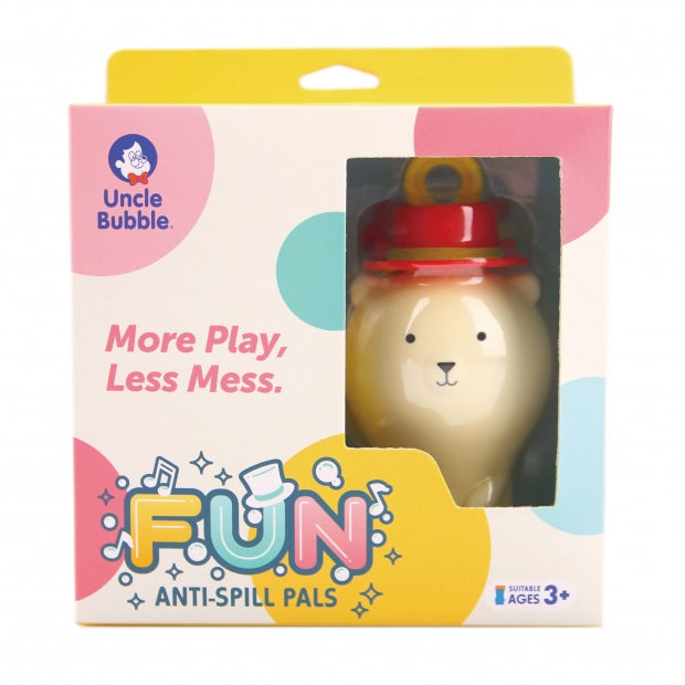 Uncle Bubble Fun Anti-Spill Pals bear bubble toy with 2 oz solution in colorful packaging