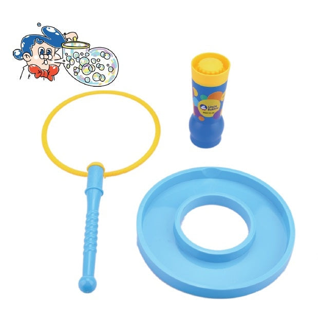 Uncle Bubble Fun Big Bubble Wand set with yellow ring wand, blue tray, and 4 oz bubble solution