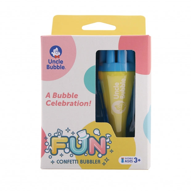 Uncle Bubble Fun Confetti Bubbler with 2 oz bubble solution, yellow bottle and blue cap