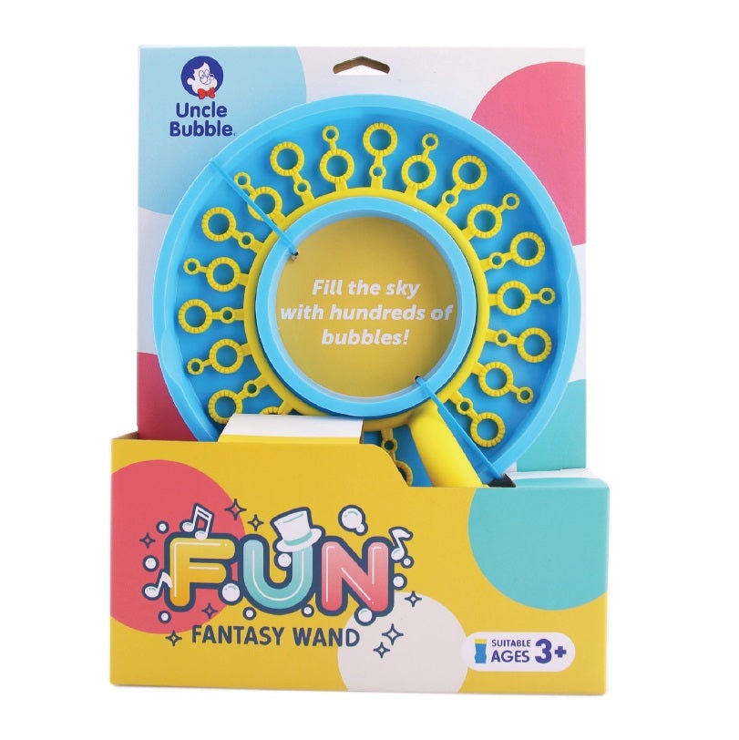 Uncle Bubble Fun Fantasy Wand bubble toy, blue circular wand with yellow ring accents, 4 oz