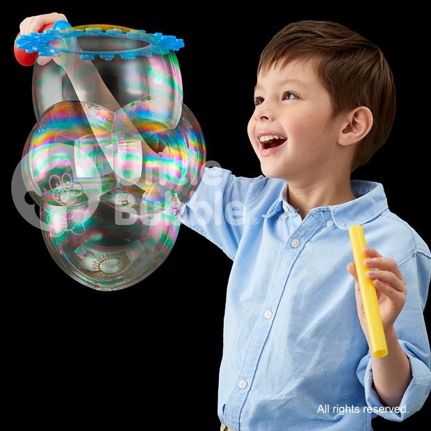 Uncle Bubble Game Bubble Tricks Starter Kit; rainbow iridescent bubbles with blue wand for kids