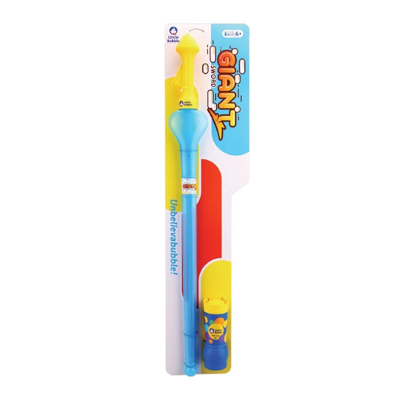 Uncle Bubble Giant Sword bubble wand with blue handle and yellow top, includes 8 oz bubble solution.