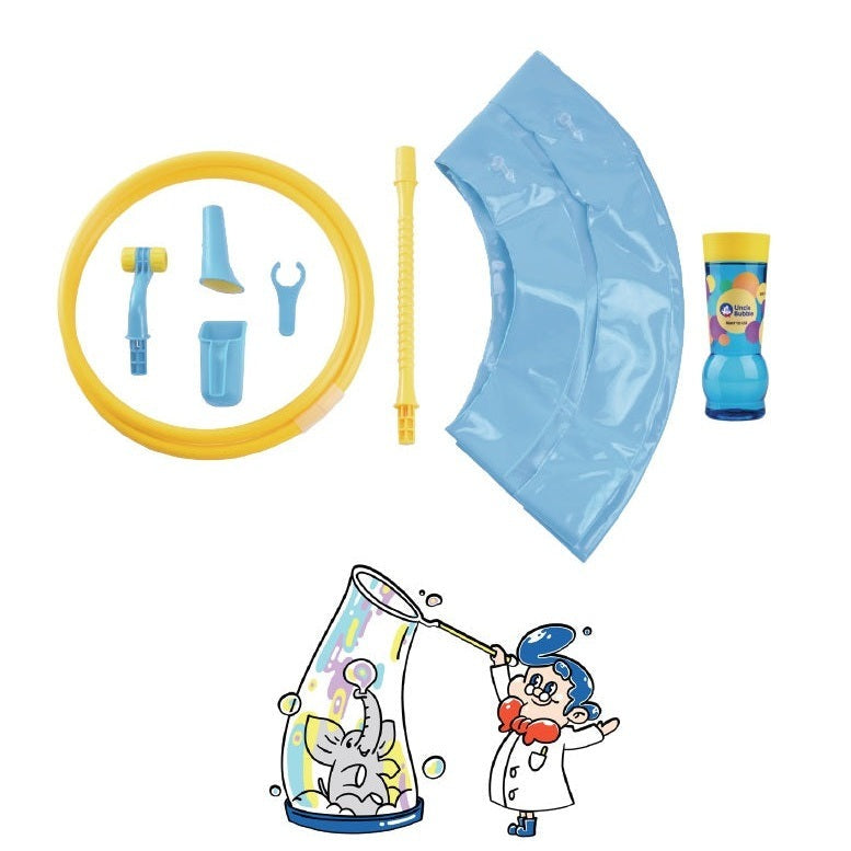 Uncle Bubble Megaloop bubble set with 16 oz concentrate, includes yellow hoop, blue wand and nozzle, and bottle