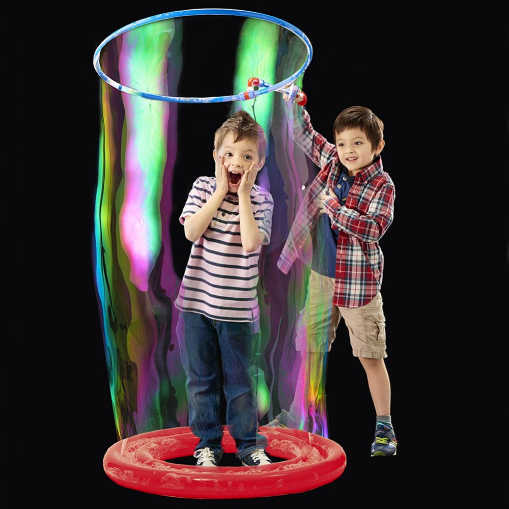 Uncle Bubble Megaloop bubble kit with 16 oz concentrate; two kids inside a giant iridescent bubble ring.
