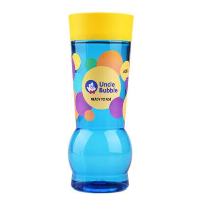 Uncle Bubble bubble solution bottle, 32 oz, blue container with yellow cap, ready to use