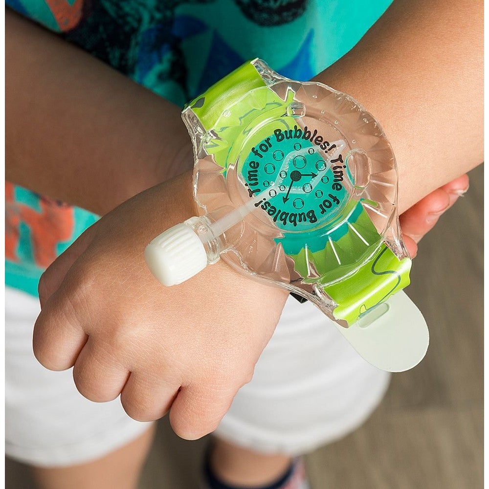 Uncle Bubble Touchable Bubble Watch for kids; transparent bubble container with lime-green strap on wrist