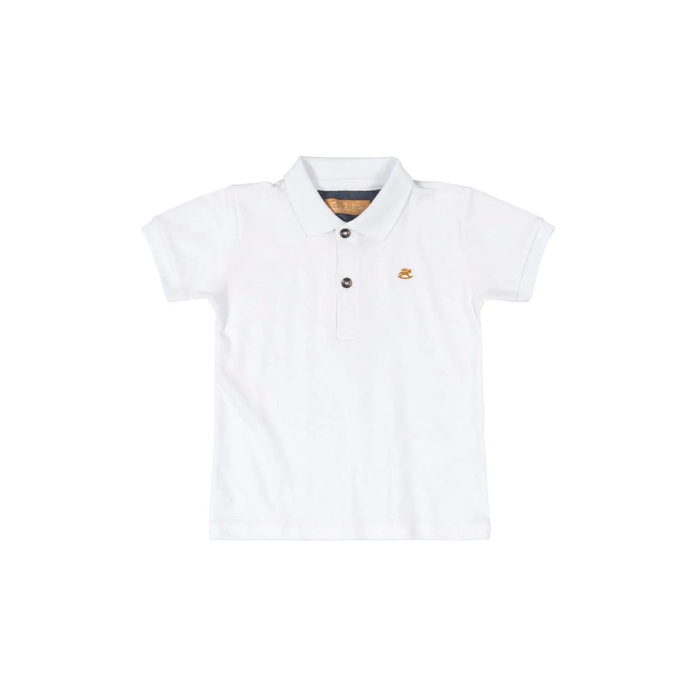 Up Baby Boy Polo Shirt White, laid flat showing orange logo embroidery on chest, short sleeves.