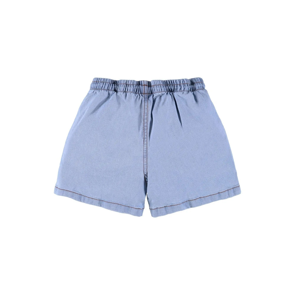 UP BABY Girl Jeans Shorts Blue denim with elastic waistband, laid flat to show relaxed fit and stitching.