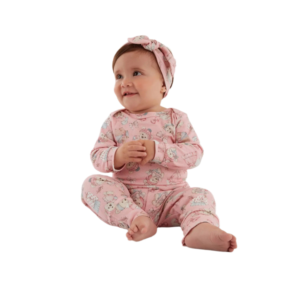 UP Baby Girls Jumpsuit Pink Dig233 with matching headband; baby sits cross-legged, smiling, holding a beige cup.