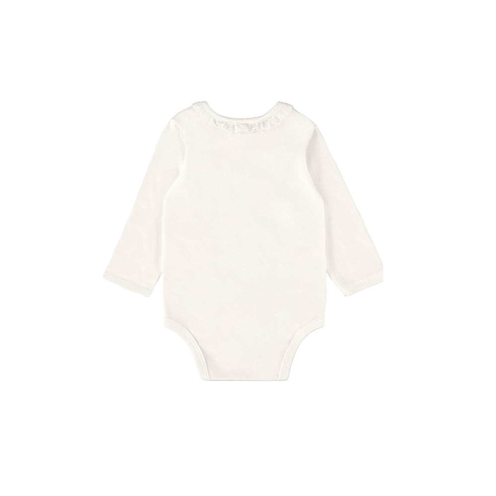 UP Baby long-sleeve bodysuit in white; soft jersey cotton with lace-trim neckline