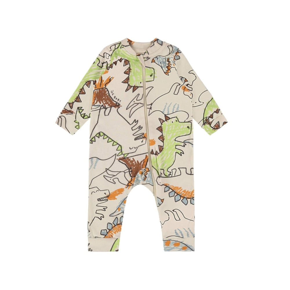 UP BABY soft jersey cotton dinosaur jumpsuit for babies, beige with lime green and orange dinos