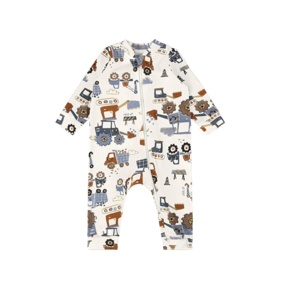 UP Baby construction jumpsuit in soft jersey cotton, cream with blue and orange construction vehicles