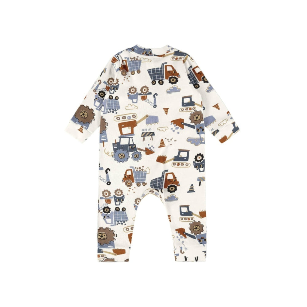 UP Baby construction jumpsuit in cream jersey cotton with blue and brown machinery print