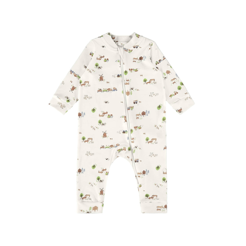 Up Baby jumpsuit in cream jersey cotton with tractor farm print