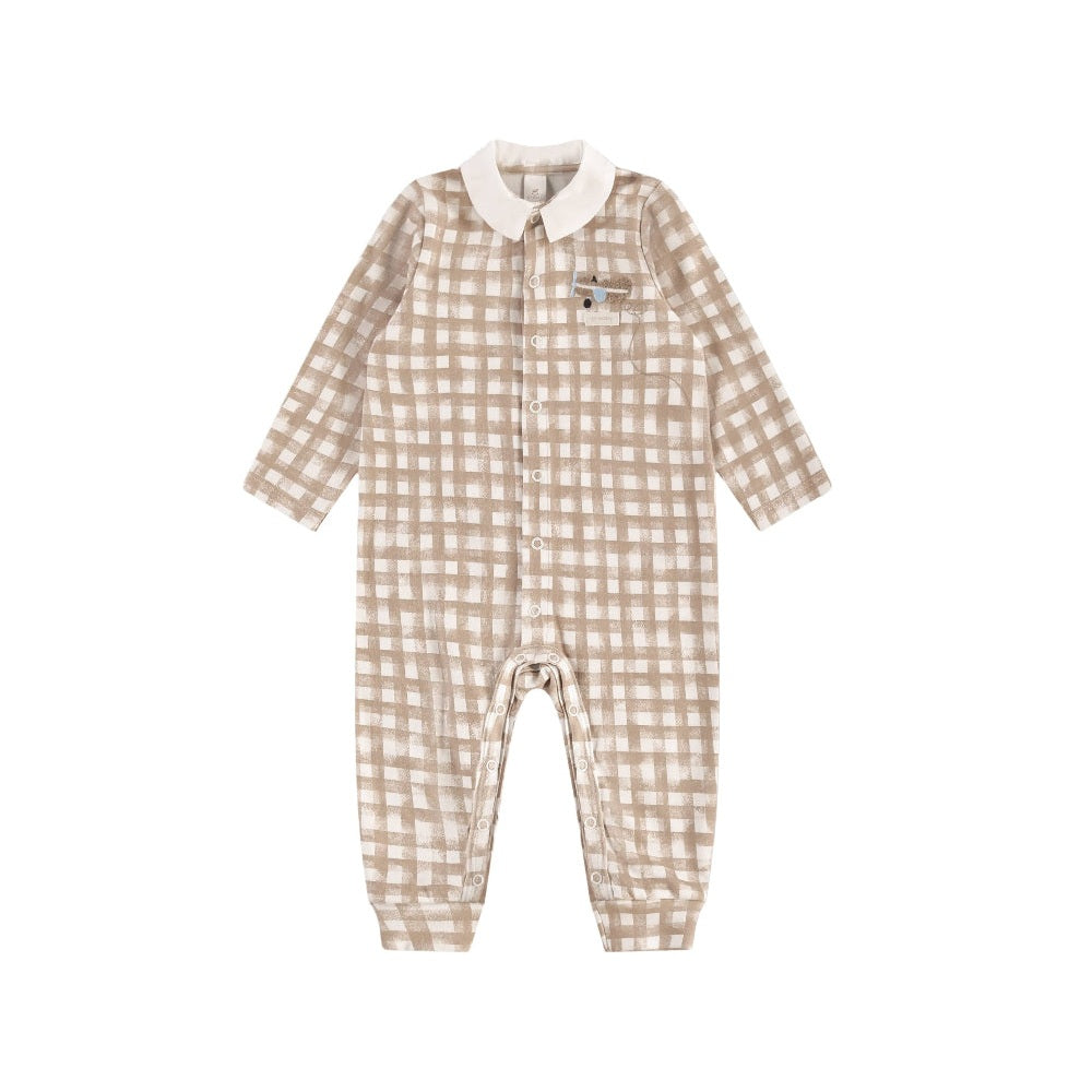 UP BABY jumpsuit, soft jersey cotton, beige check with white Peter Pan collar.