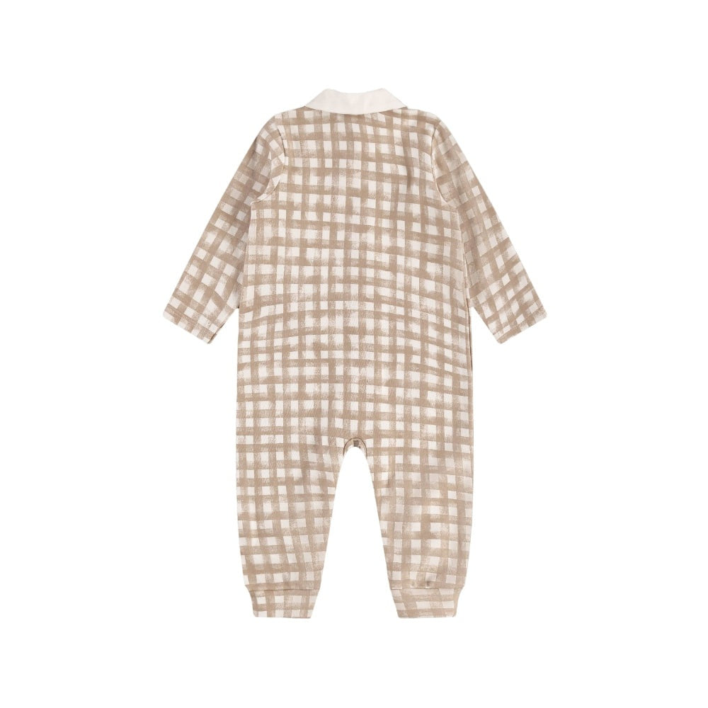 UP BABY jumpsuit, soft jersey cotton in beige plaid with white collar and footed design