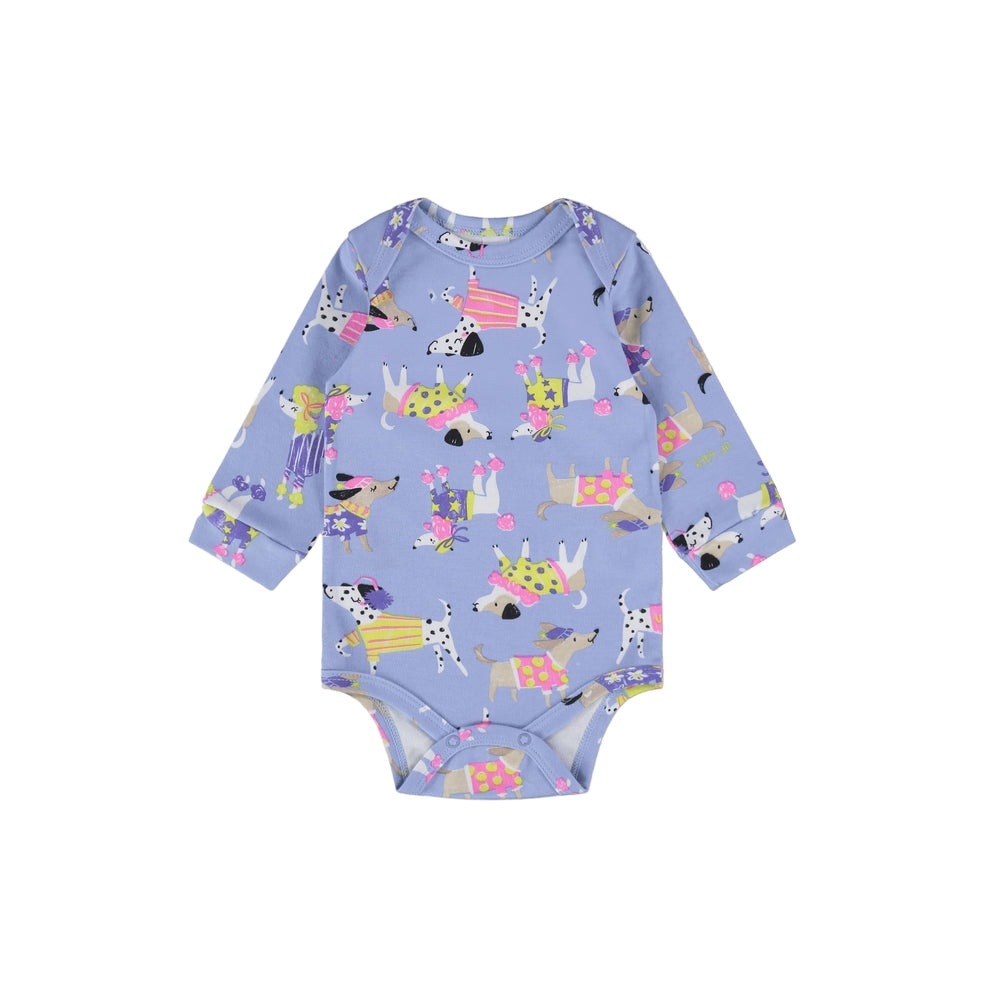 UP BABY long-sleeve dog-pattern bodysuit in soft blue jersey cotton