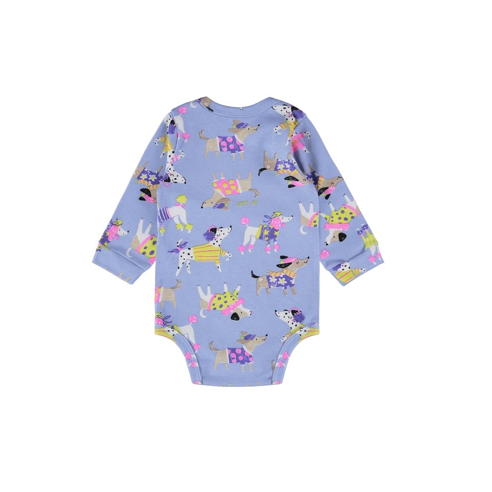 Up Baby dog print long-sleeve bodysuit in light blue soft jersey cotton