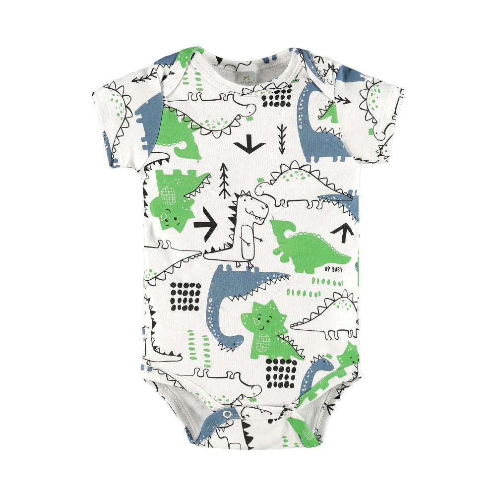 UPBABY dinosaur print short-sleeve bodysuit in off-white with green and blue dinos