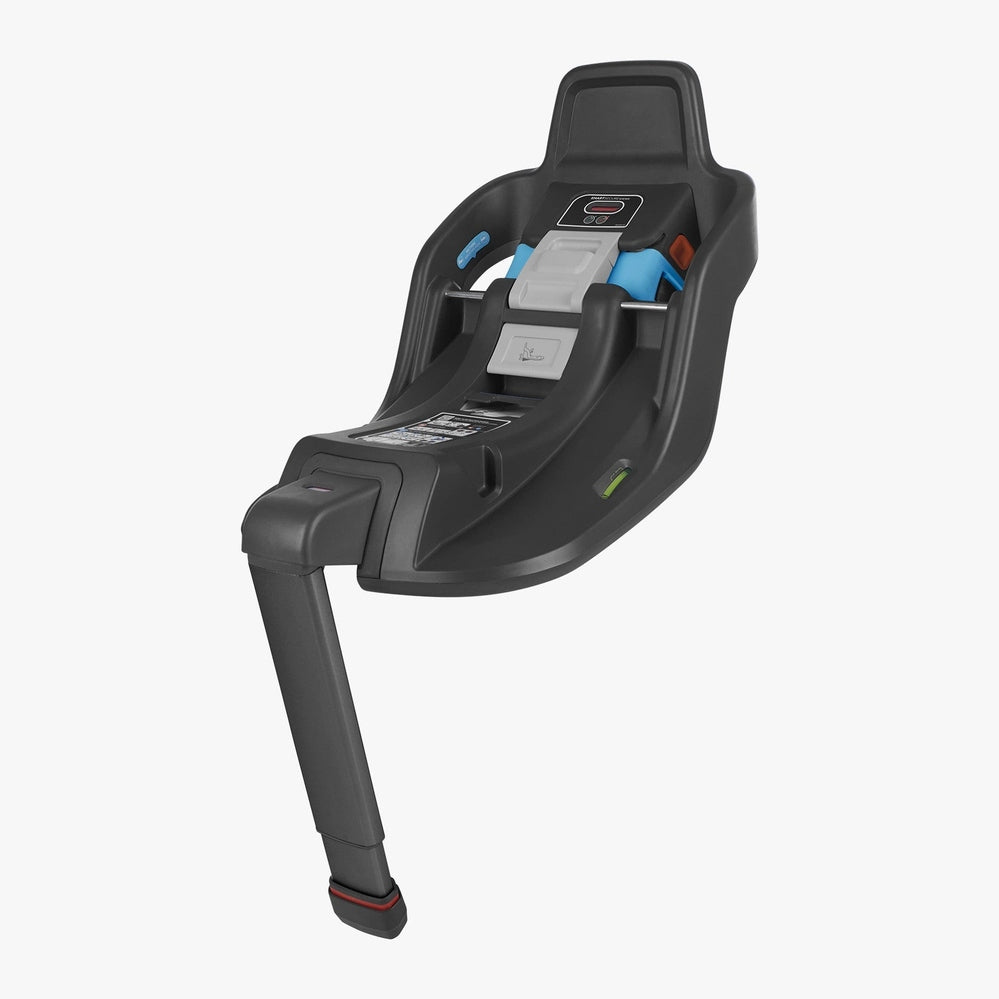 UPPAbaby Aria car seat base in black, shown in front three-quarter top view with extended load leg, blue latch routing areas, and top control panel.