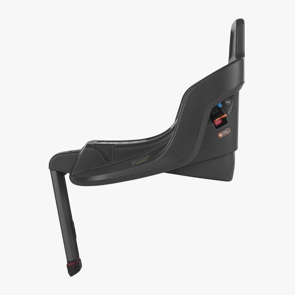 Side profile of the black UPPAbaby Aria car seat base with extended load leg, visible side latch area, and level indicator.