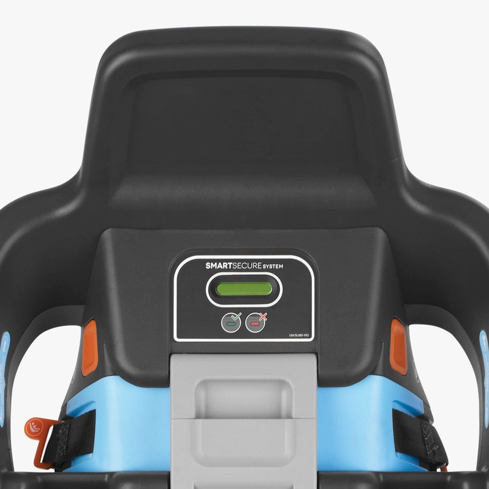 Close-up of the UPPAbaby Aria base SmartSecure top panel with green indicator, blue side guides, and orange release controls.