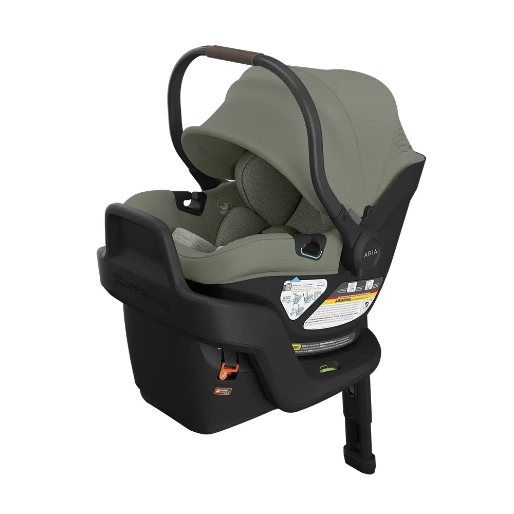 UPPAbaby Aria V2 Infant Car Seat - front three-quarter view with canopy and base