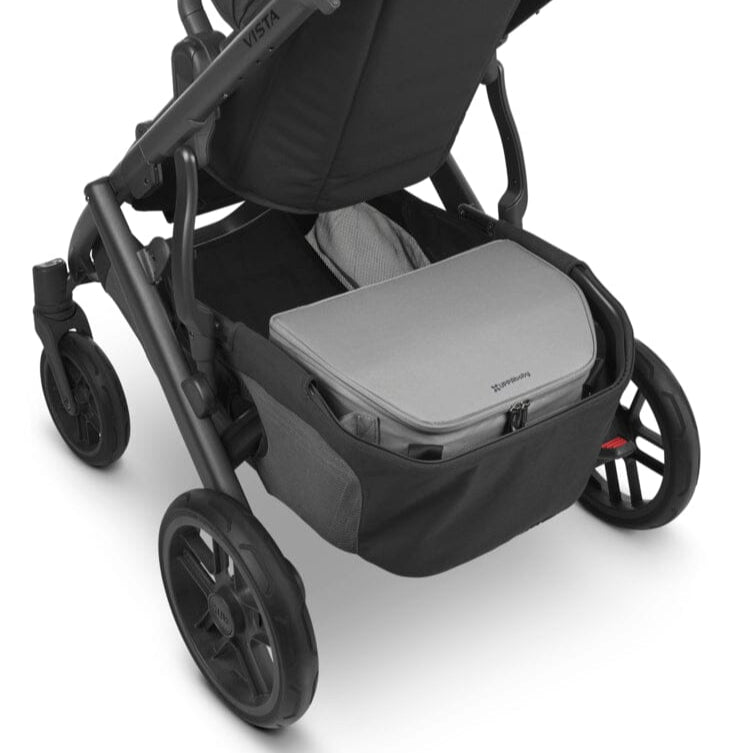UPPABABY Bevvy stroller basket cooler with gray insulated bag in black stroller basket