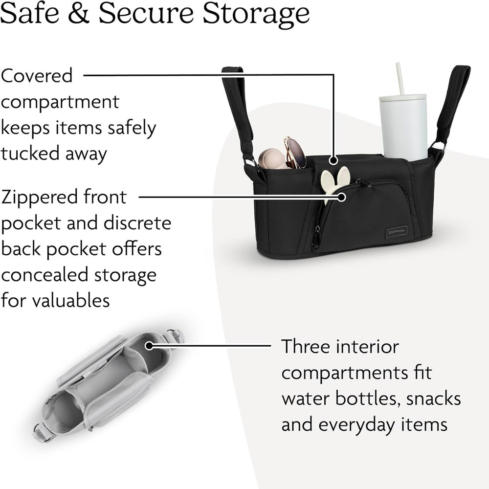Black nylon Uppababy Carry-All Parent Organizer with front zip pocket, three interior compartments, and cup holder.