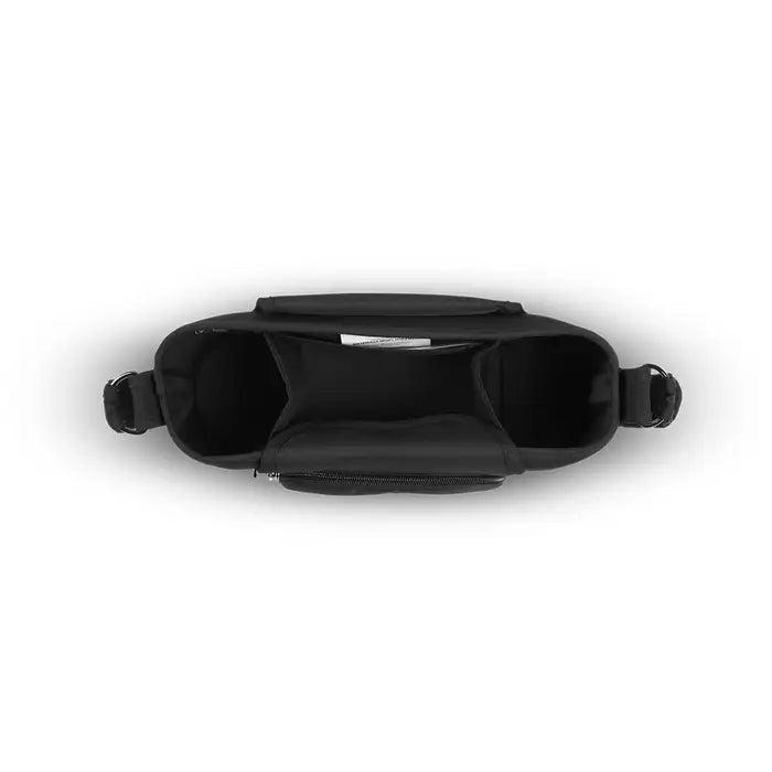 Black nylon stroller organizer with two side pockets, central zip pocket, and attachment straps.
