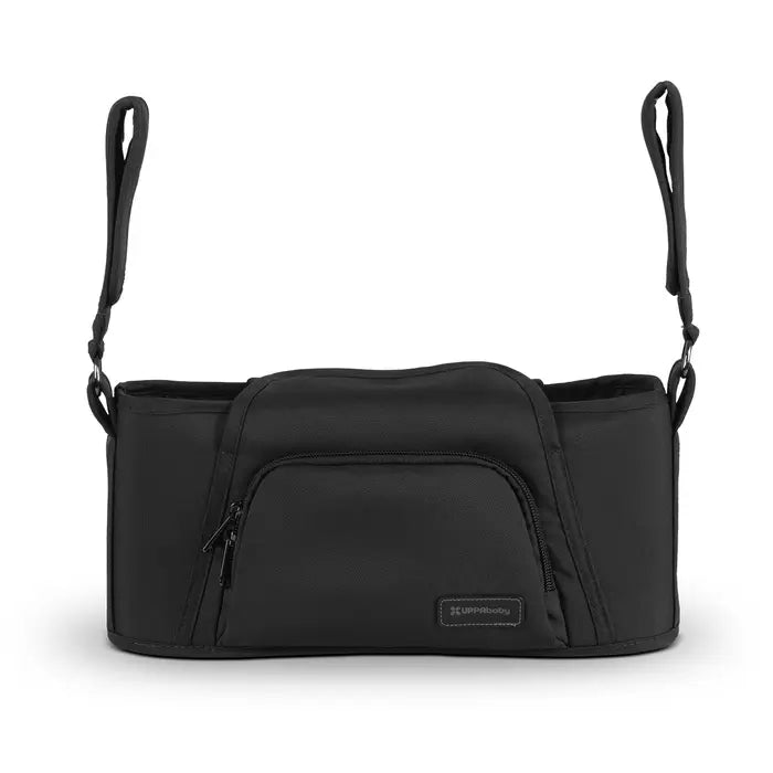 Black nylon Uppababy Carry-All Parent Organizer with front zip pocket and stroller-strap attachments.