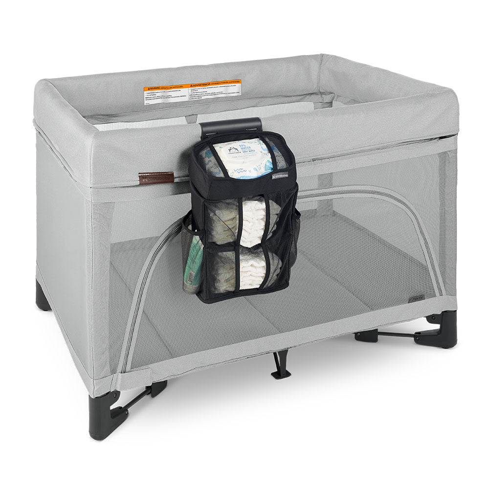 Uppababy changing station organizer for Remi bassinet in gray fabric with mesh panels