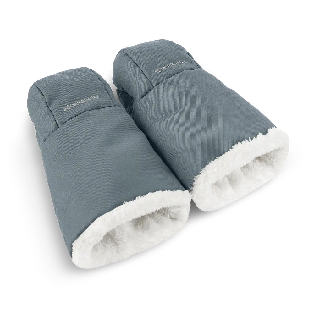 Uppababy Cozy Handmuffs in blue-gray with white faux-fur lining, shown as a pair for stroller use.