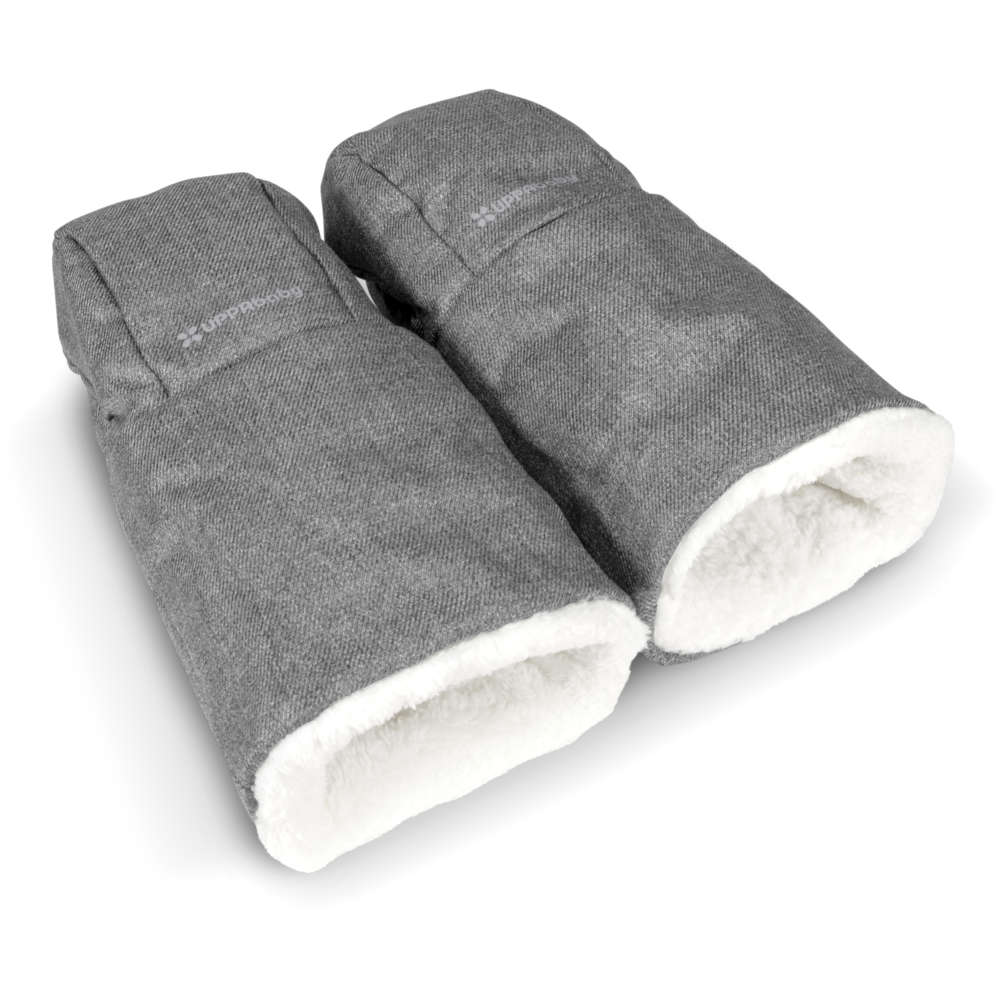 Uppababy Cozy Handmuffs in grey fabric with fluffy white lining, shown ready for stroller handlebars.