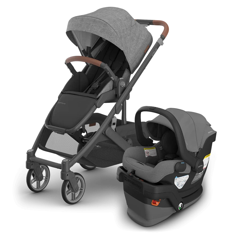 UPPAbaby Cruz V3 Stroller + Mesa V3 infant car seat travel system in gray, canopy up and car seat snapped in.