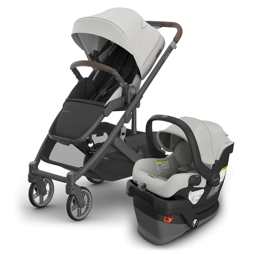 UPPABABY Cruz V3 Stroller + Mesa V3 Infant Car Seat Travel System, beige fabric with car seat attached to base.