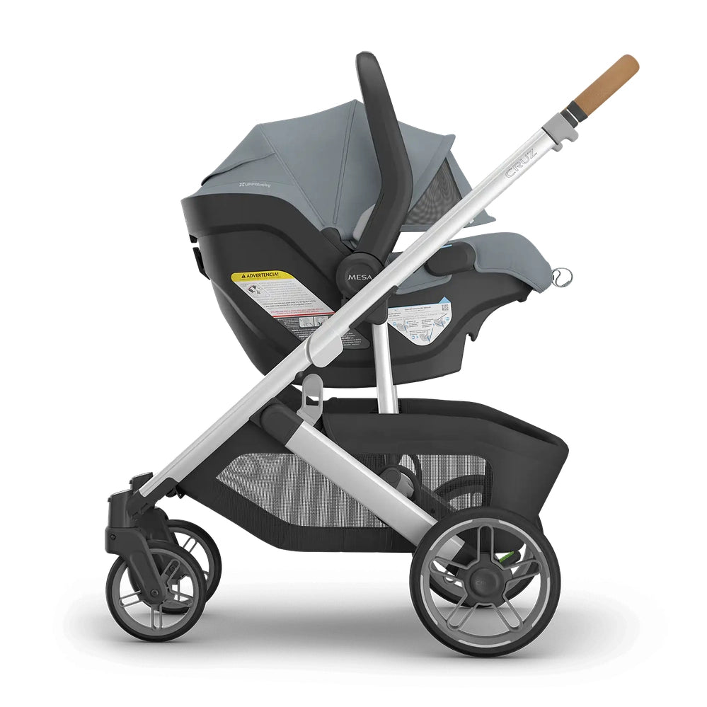 UPPABABY Cruz V3 Stroller + Mesa V3 Infant Car Seat Travel System in gray, car seat attached to the frame.