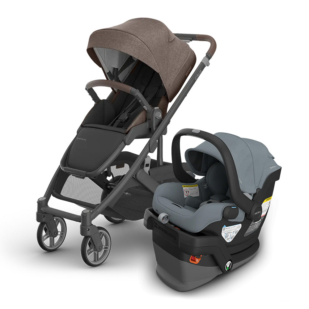 UPPABABY Cruz V3 Stroller and Mesa V3 Infant Car Seat Travel System in grey-brown with car seat attached to stroller.