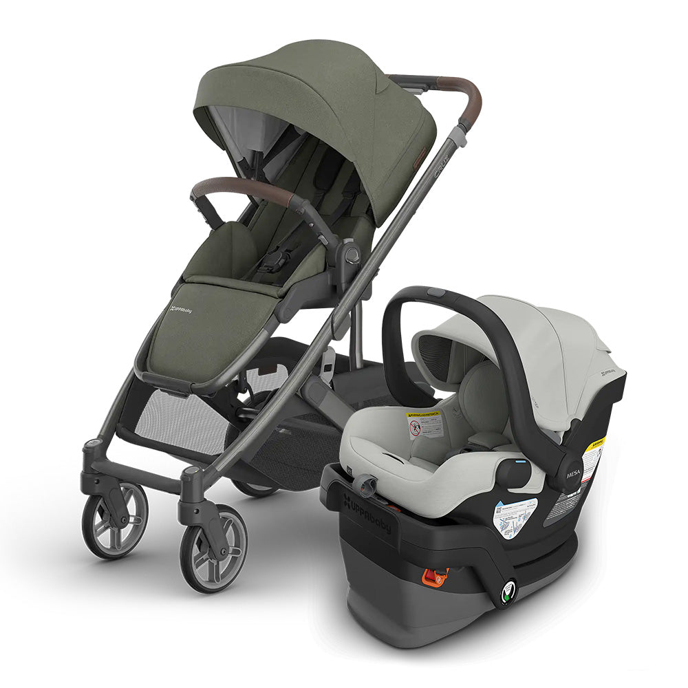 UPPABABY Cruz V3 Stroller + Mesa V3 infant car seat travel system in olive green, car seat attached with canopy extended.