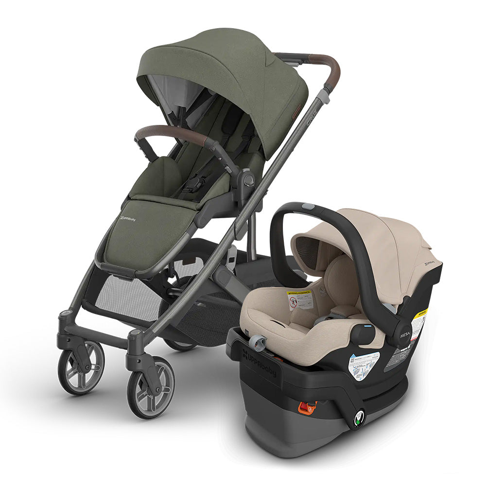 UPPABABY Cruz V3 Stroller + Mesa V3 Infant Car Seat Travel System in green stroller and beige car seat.