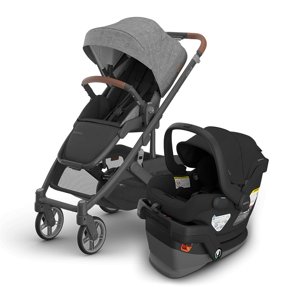 UPPABABY Cruz V3 Stroller + Mesa V3 Infant Car Seat Travel System in gray, stroller frame shown with attached car seat for easy infant travel.
