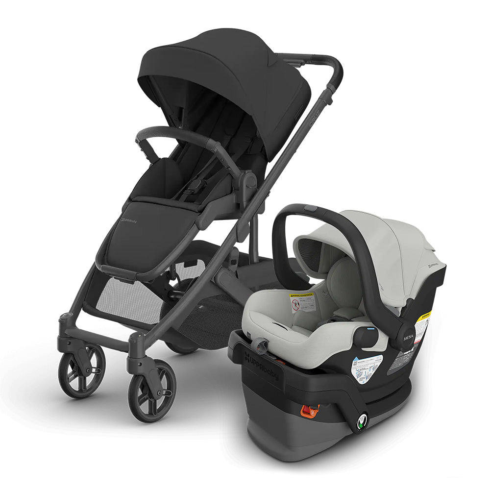 UPPABABY Cruz V3 Stroller + Mesa V3 Infant Car Seat Travel System in black/gray with canopy extended.
