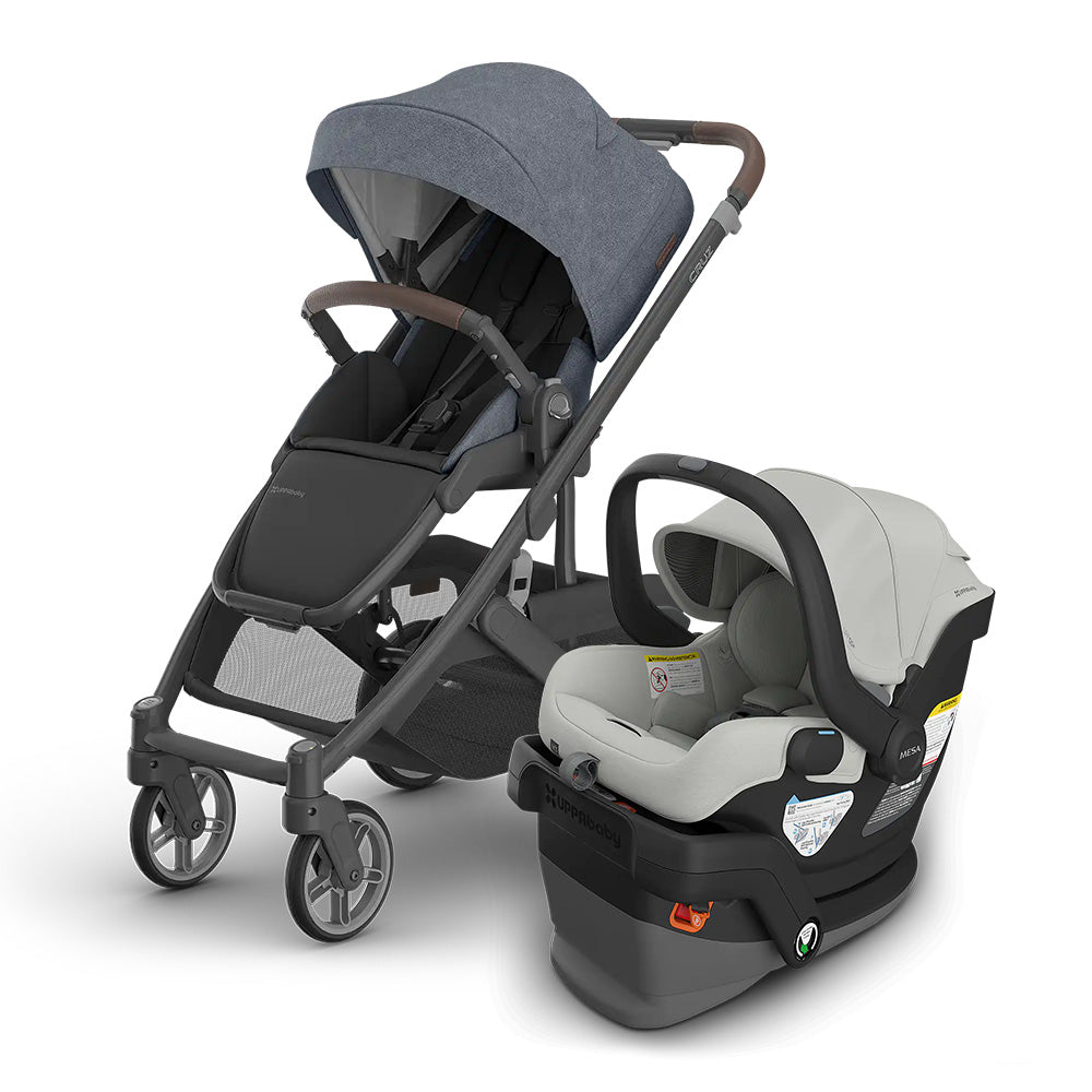 UPPABABY Cruz V3 Stroller + Mesa V3 Infant Car Seat Travel System in grey with canopy and car seat attached.
