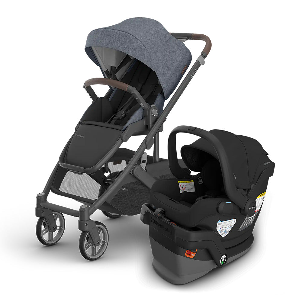 UPPAbaby Cruz V3 Stroller and Mesa V3 Infant Car Seat Travel System in dark gray, stroller with extended canopy and separate car seat.