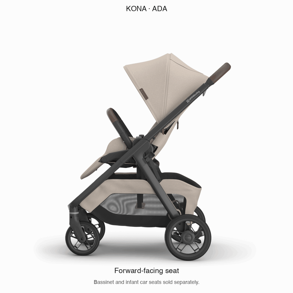 UPPAbaby Kona in Ada showing ten seat, canopy, bassinet and infant car seat configurations; bassinet and car seats sold separately