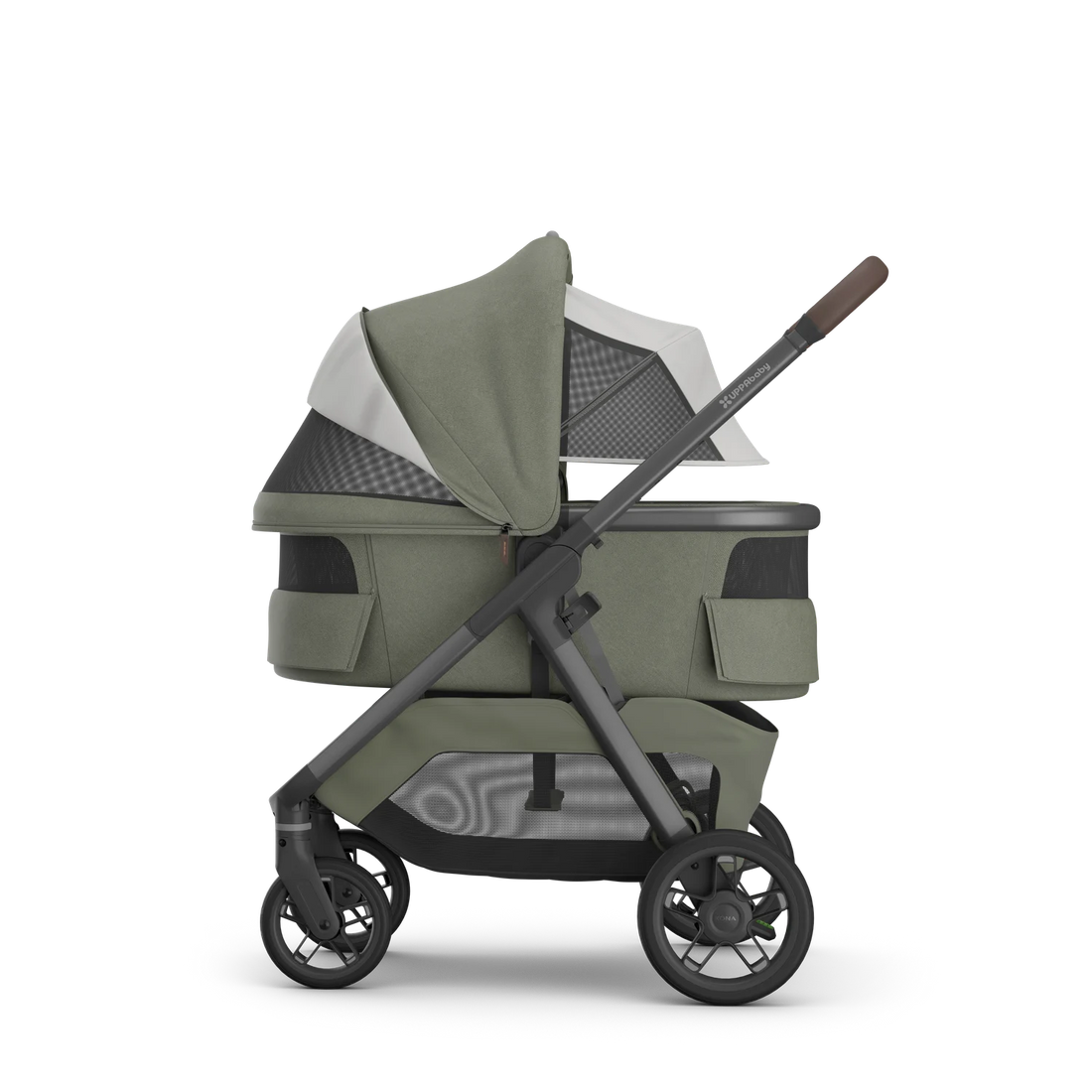 UPPAbaby Kona Evelyn with optional bassinet — Side with bassinet ventilation open