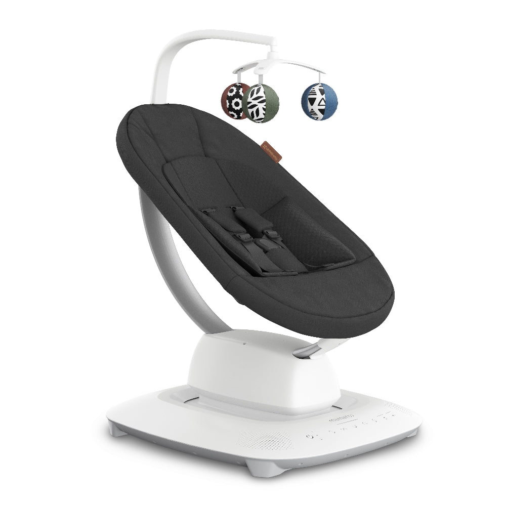 Uppababy Mamaroo Smart Swing with dark gray seat, white frame, and 4 hanging toy balls